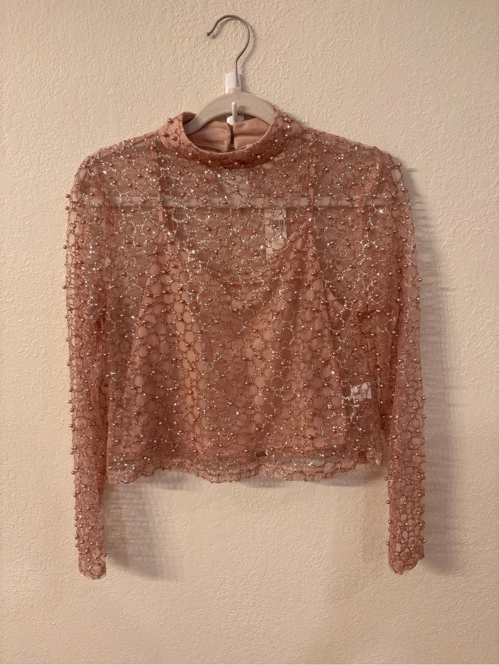 Anthropologie Blue Tassel Pearl Embellished Long-Sleeve Top XS